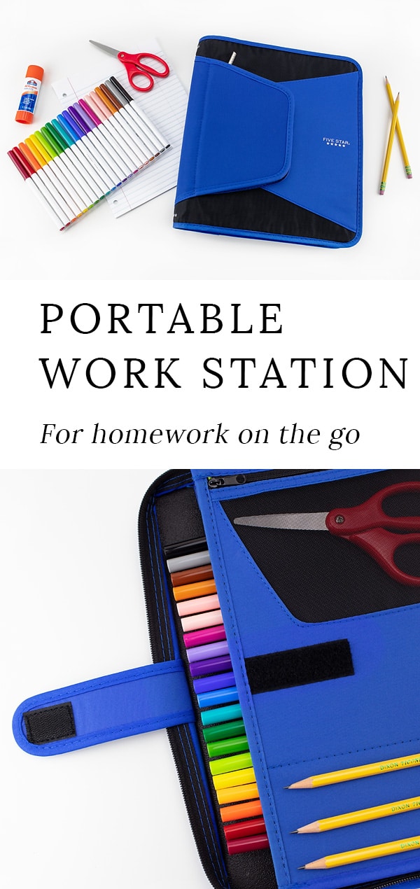 Is your family always on the go? Learn how to set up an inexpensive portable homework station for kids. It's perfect for waiting rooms, daycare, road trips, and more! #homeworkstation #backtoschool #portablehomeworkstation #elementaryschool #studytips #homework #socialemotionallearning #education #studyskills #parenting #kidsactivities