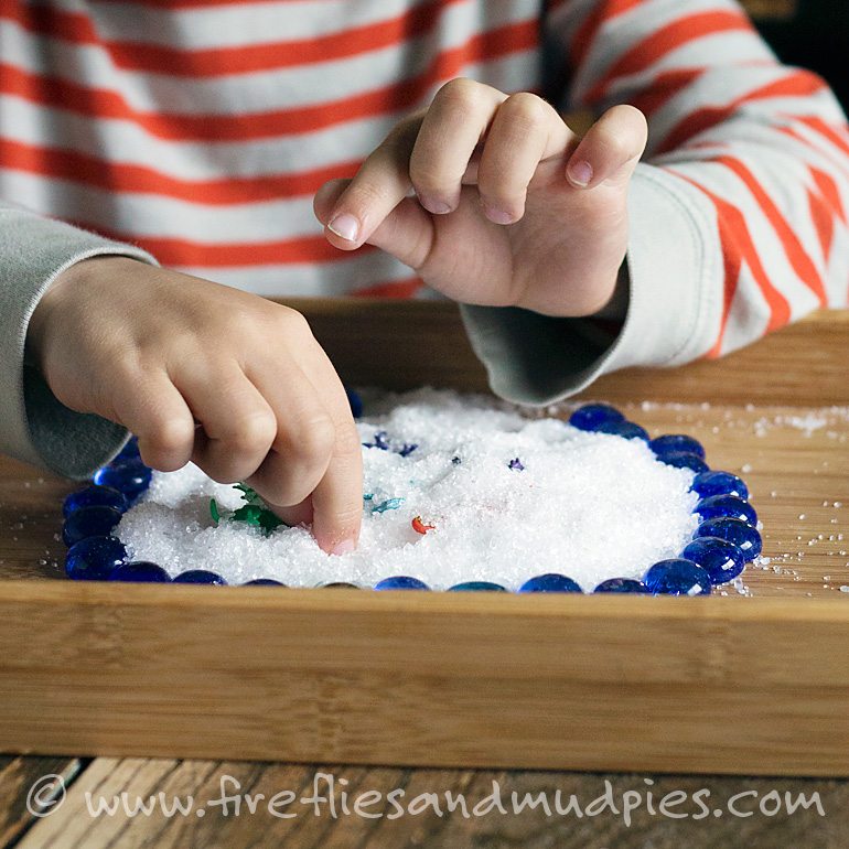 Creative play in a salt tray | Fireflies and Mud Pies