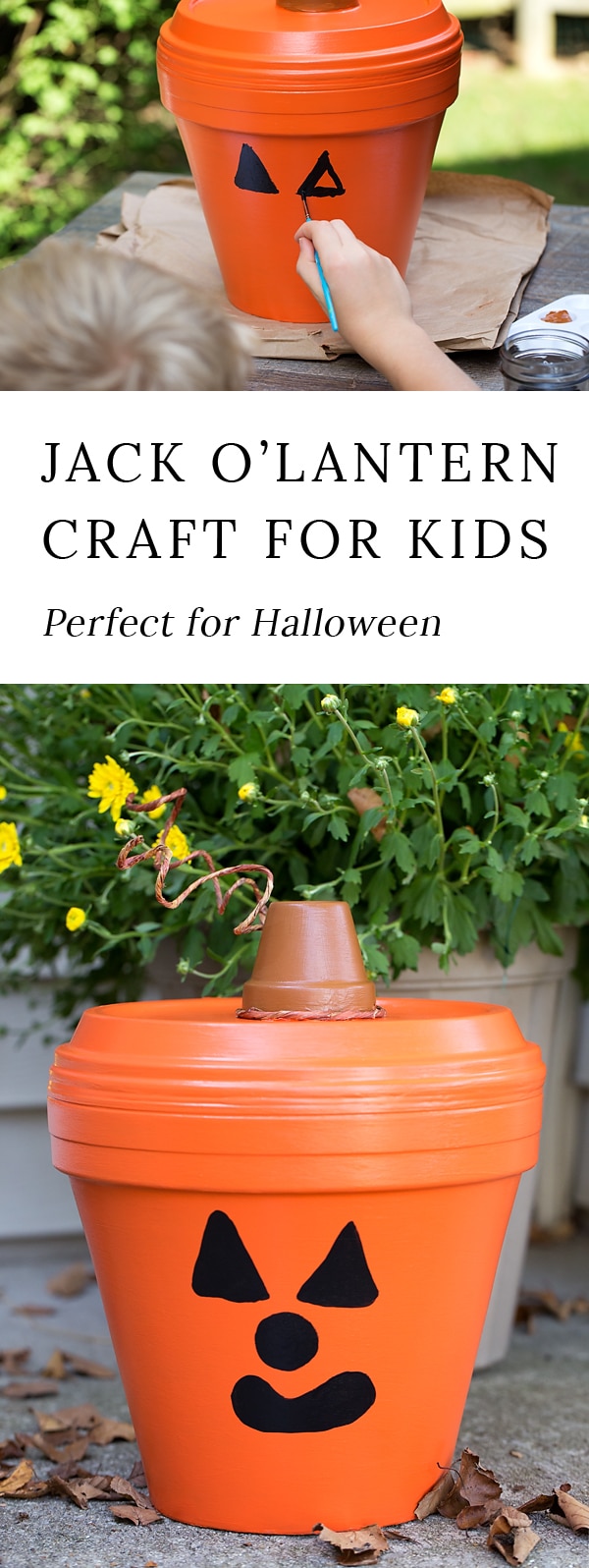 Bring a little Halloween fun to your garden, patio, or porch with this easy Terracotta Pot Jack O'Lantern Craft. It's a fun Halloween craft for kids!