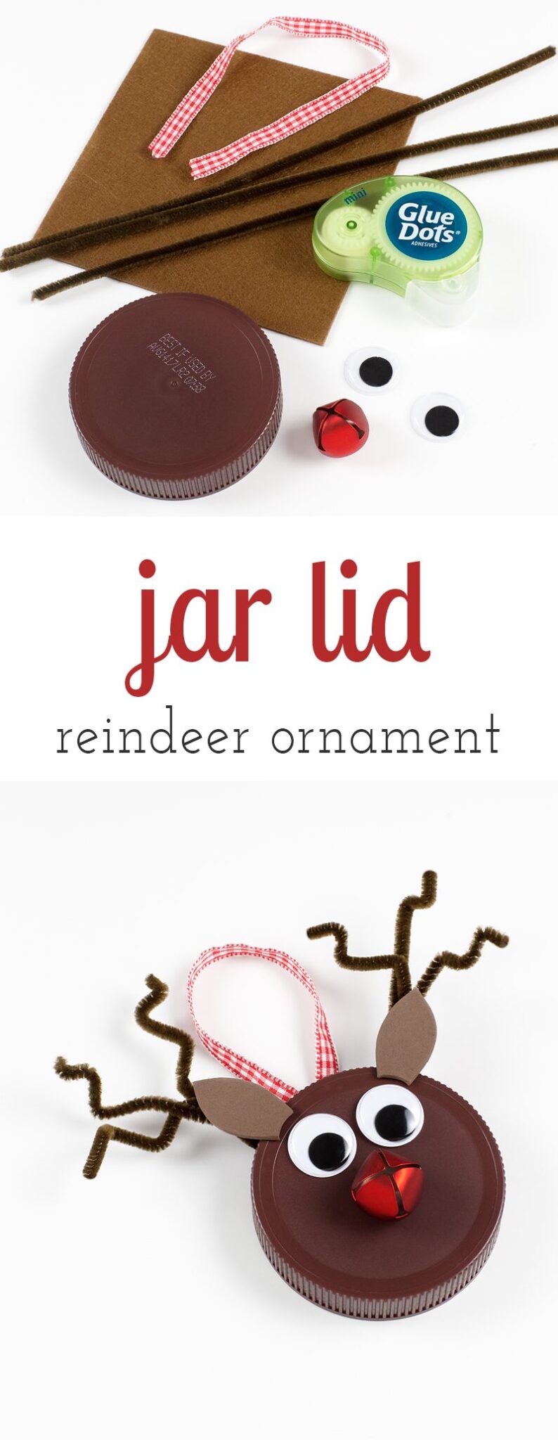 Kids of all ages will enjoy using old jar lids to create upcycled festive Reindeer Ornaments. The perfect Christmas craft for kids!