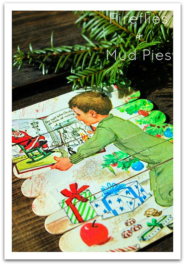Make magnetic craft stick Christmas puzzles as a stocking stuffer!  Fireflies and Mud Pies