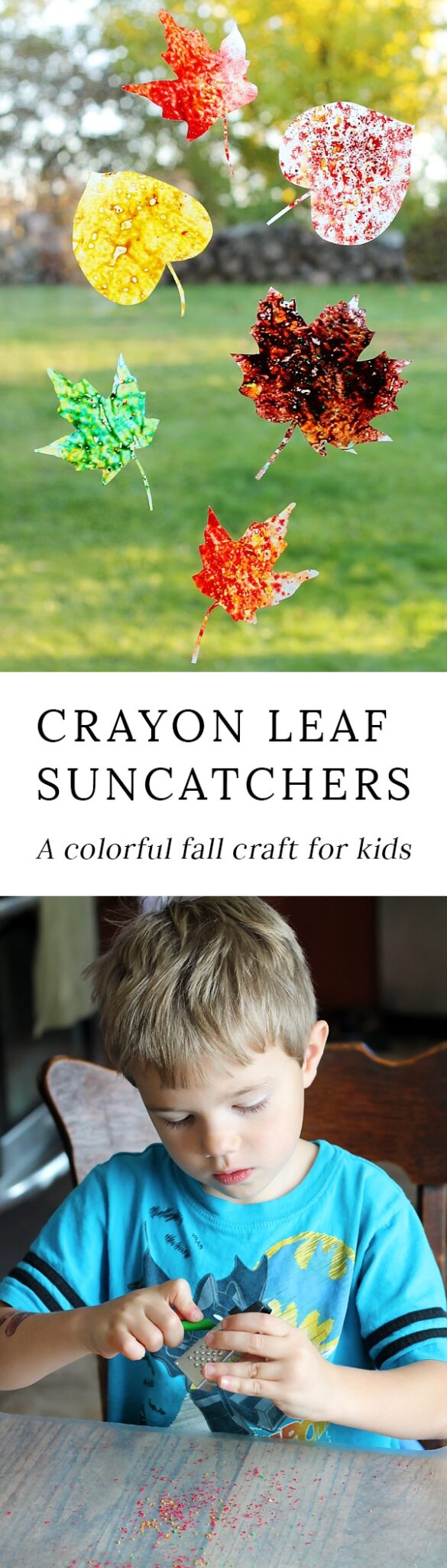 Brighten up your windows with Melted Crayon Leaf Suncatchers, a beautiful fall craft for kids!