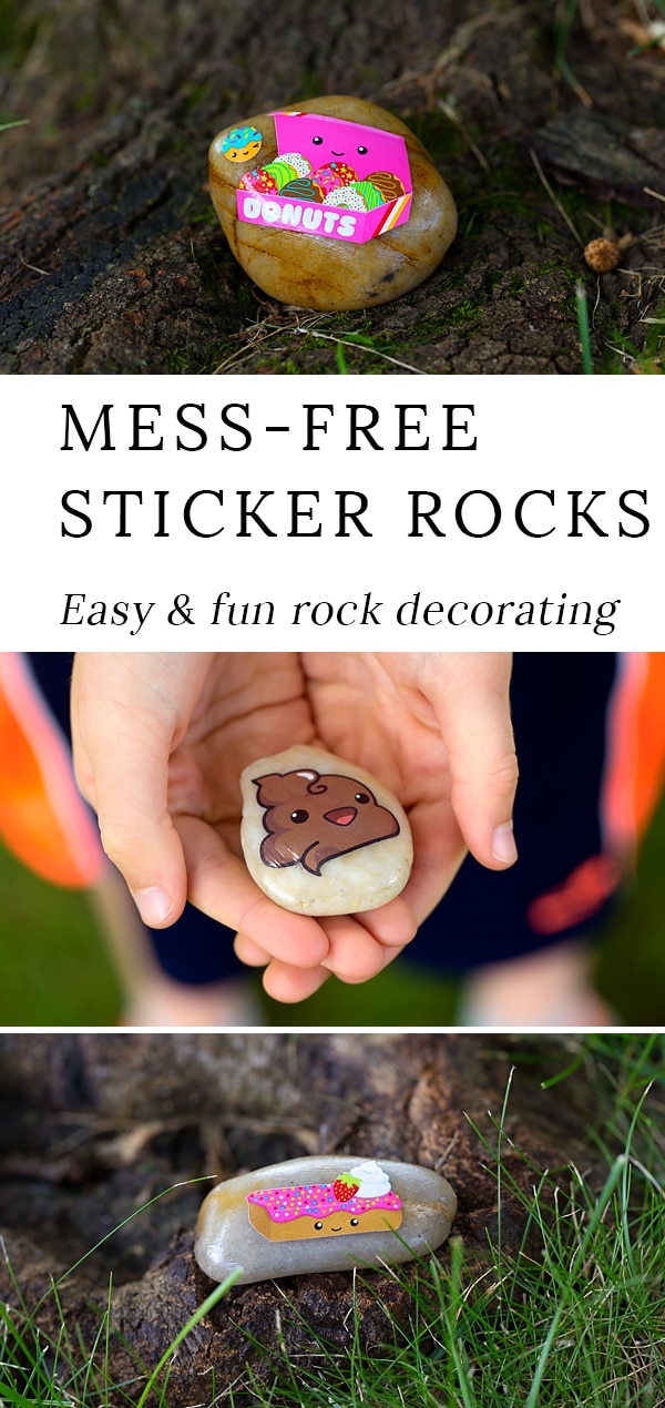 Do you love decorating rocks with your kids, but dread cleaning up the mess? If so, these mess-free sticker rocks are for you. Perfect for rock hunting! #rockdecorating #rockpaintingideas #rockhunting #stickercrafts #rockcrafts #naturecrafts #summercrafts #easycraftsforkids #messfreecraftsforkids