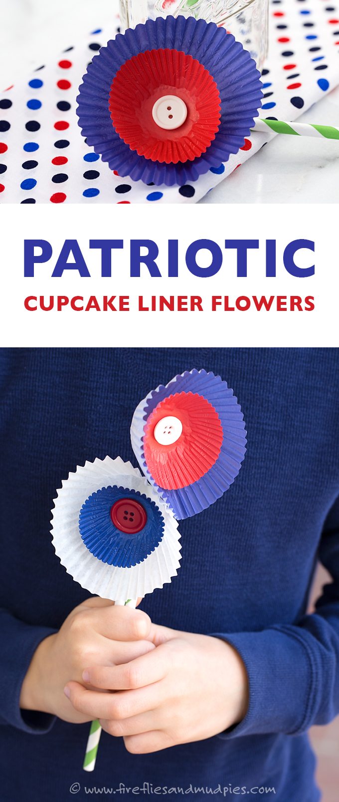 Patriotic Cupcake Liner Flowers are the perfect kid's craft for Memorial Day or 4th of July!