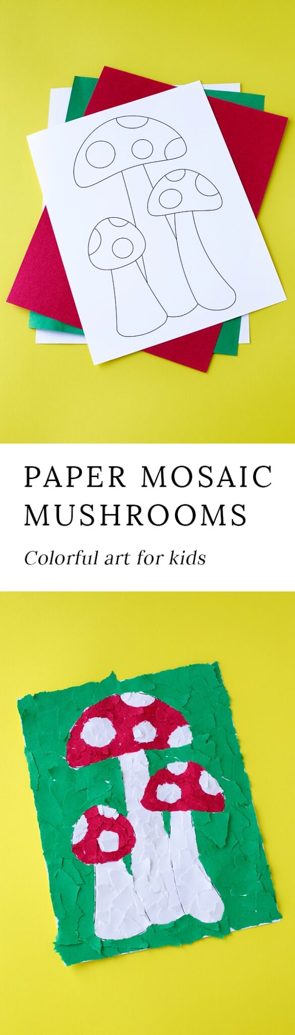 Kids will develop fine-motor skills and have fun while using our printable mushroom template to create colorful Torn Construction Paper Mosaic Mushroom Art.