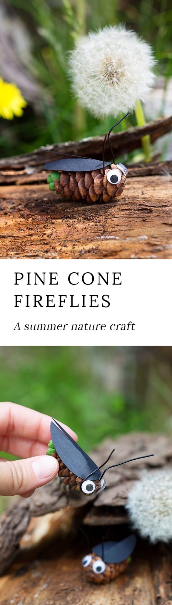 Learn how to make Pine Cone Fireflies from small pine cones, construction paper, and paint. It's an easy and fun summer nature craft for kids of all ages! #naturecrafts #pineconecrafts #fireflies #insectcrafts #easycraftsforkids #summercrafts #summernaturecrafts