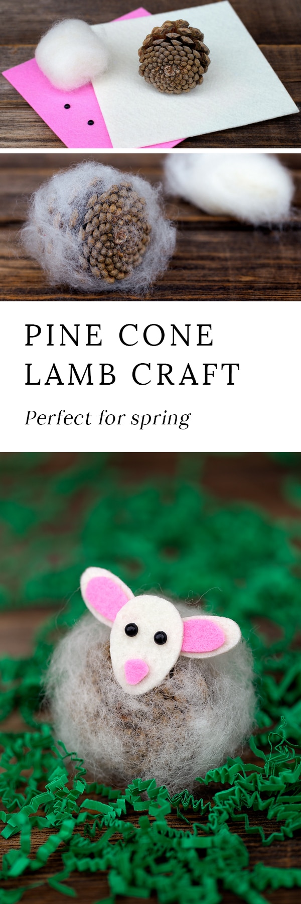 Pine Cone Lambs are a creative, easy, and fun spring nature craft for kids. Made with pine cones, wool, and kid-friendly craft supplies!