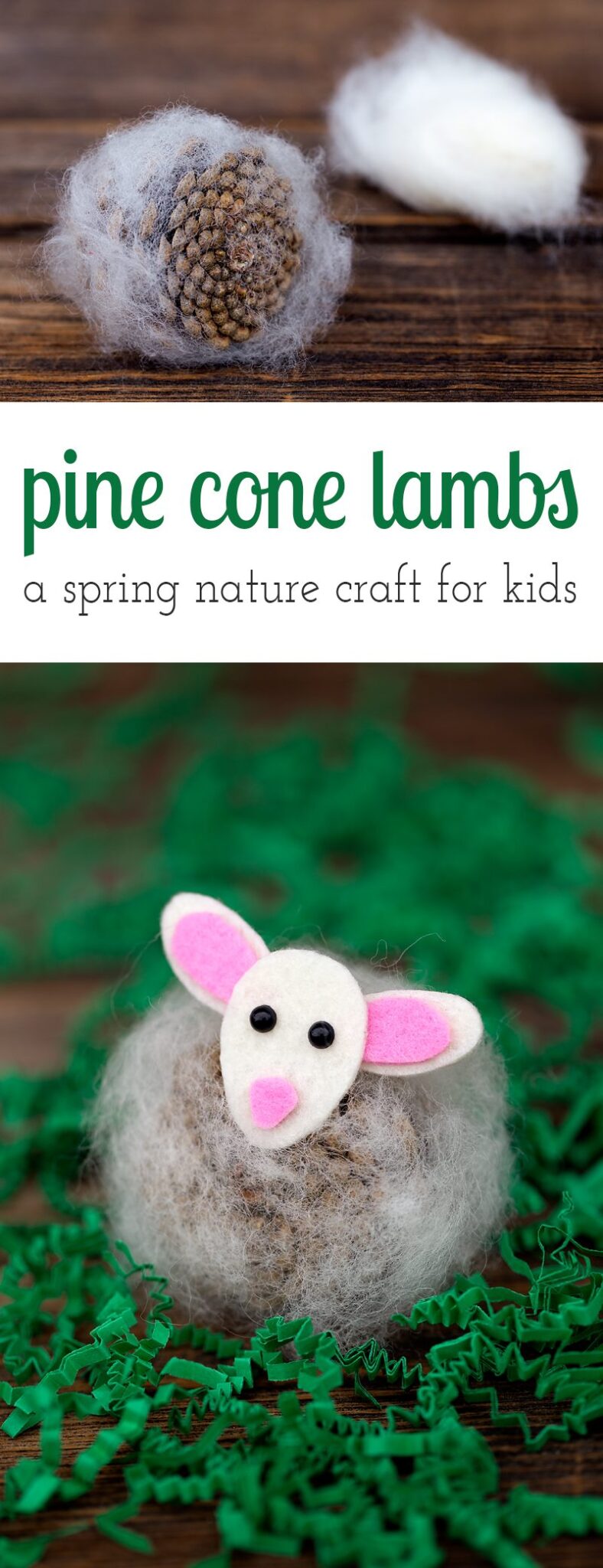 Pine Cone Lambs are a creative, easy, and fun spring nature craft for kids. Made with pine cones, wool, and kid-friendly craft supplies!
