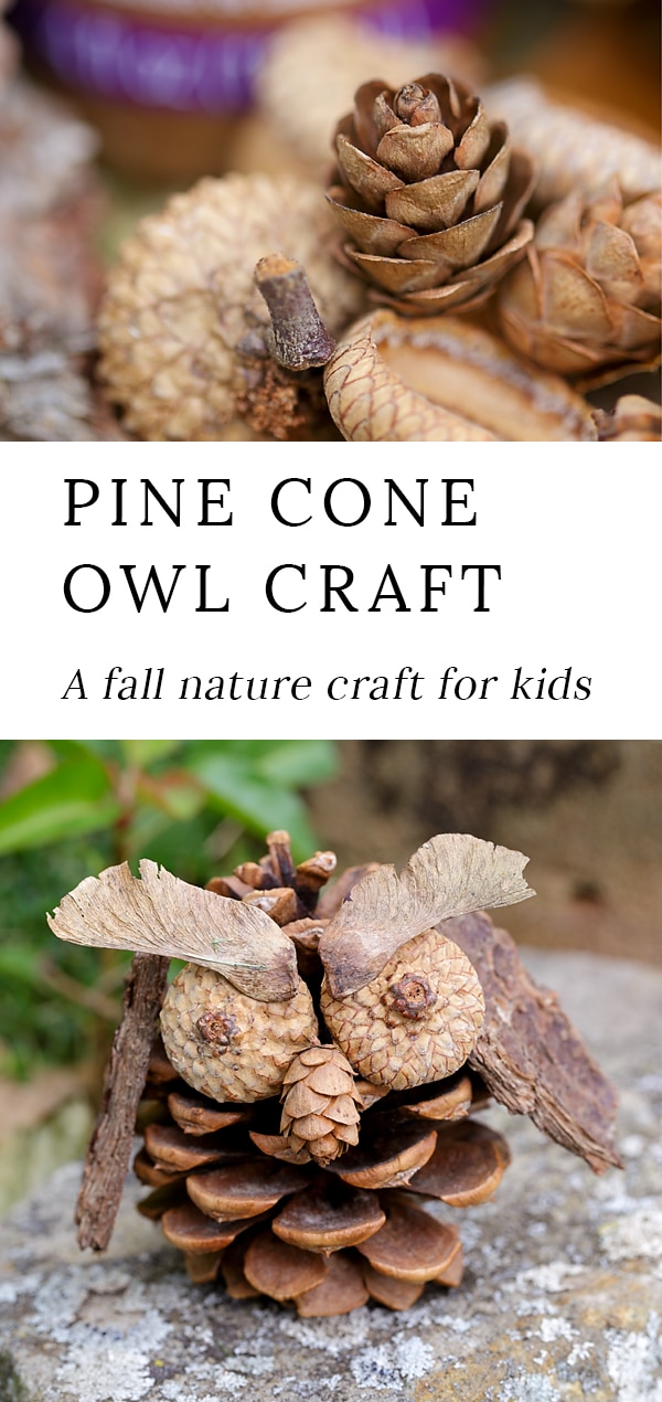 Kids of all ages will enjoy using acorns, pine cones, twigs, bark, and seeds to create unique Pine Cone Owls. It's the perfect fall nature craft for kids! #pineconecrafts #naturecrafts #owlcrafts #kidscrafts #easycraftsforkids via @firefliesandmudpies