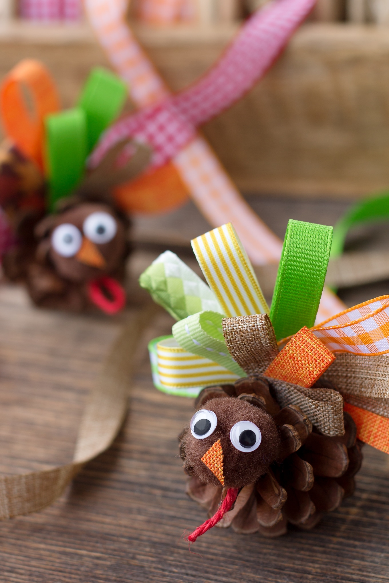 Pine Cone Turkey Craft Just in time for Thanksgiving, learn how to make Scrap Ribbon Pine Cone Turkeys from ribbon, pine cones, and pom poms. It's the perfect nature craft for kids!
