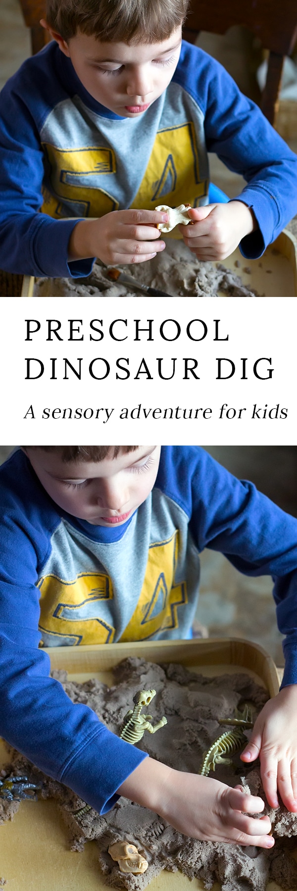 Learn how to set up a simple Dinosaur Dig sensory bin for your preschooler. So easy, but kids love it! It's the perfect sensory play activity for home or school.