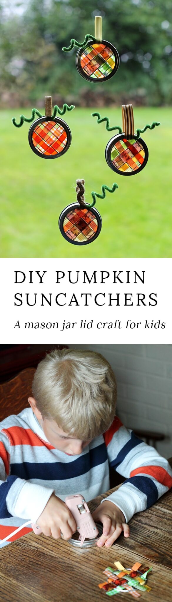 Just in time for fall, learn how to make vibrant pumpkin suncatchers with scraps of woven ribbon and mason jar lids. This weaving craft is perfect for kids!