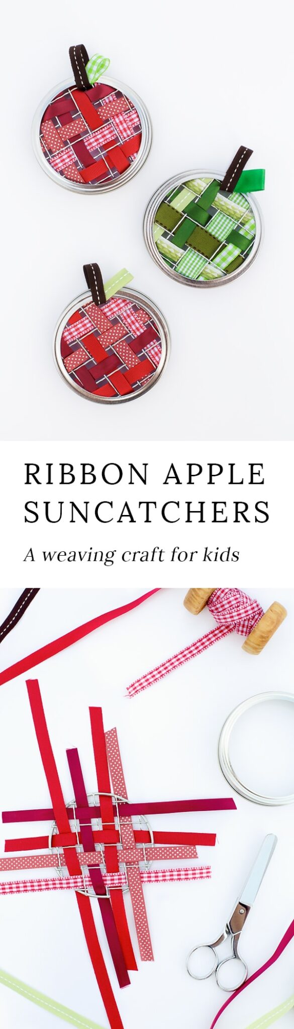 Kids of all ages will love weaving beautiful ribbon apple suncatchers with ribbon, mason jar lids, and mason jar frogs. It's the perfect fall craft for kids.