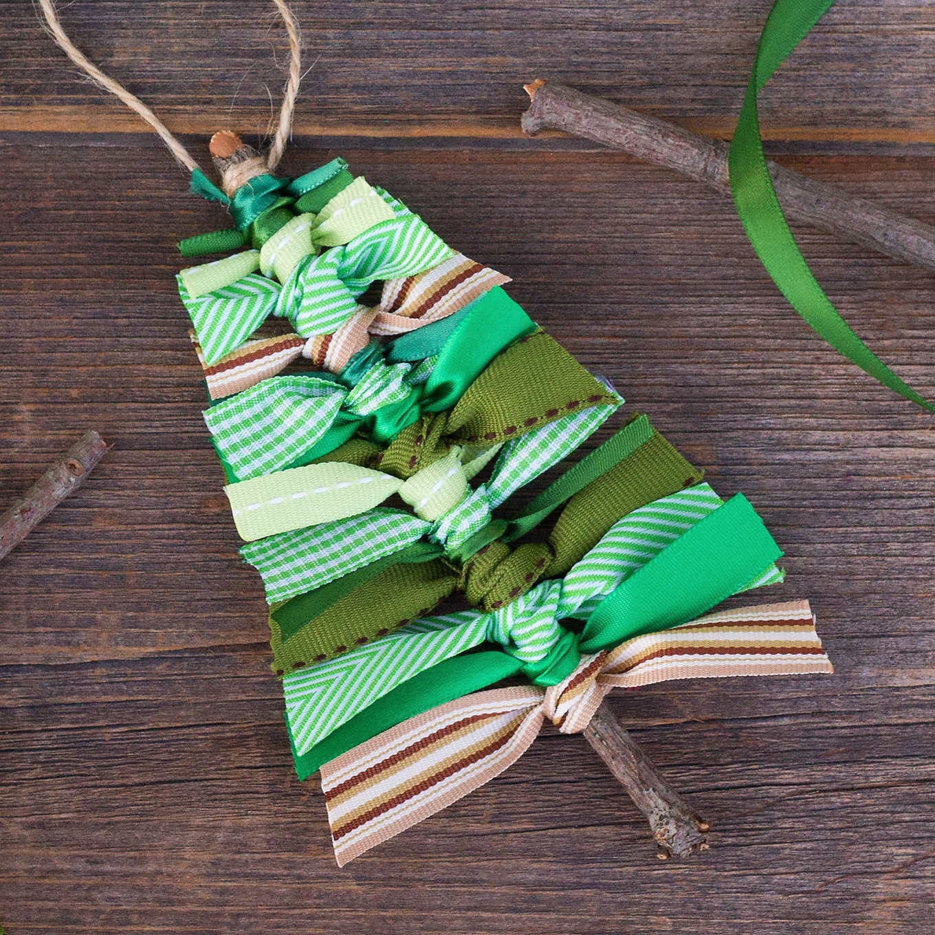 Green and Brown Scrap Ribbon Christmas Tree Ornament