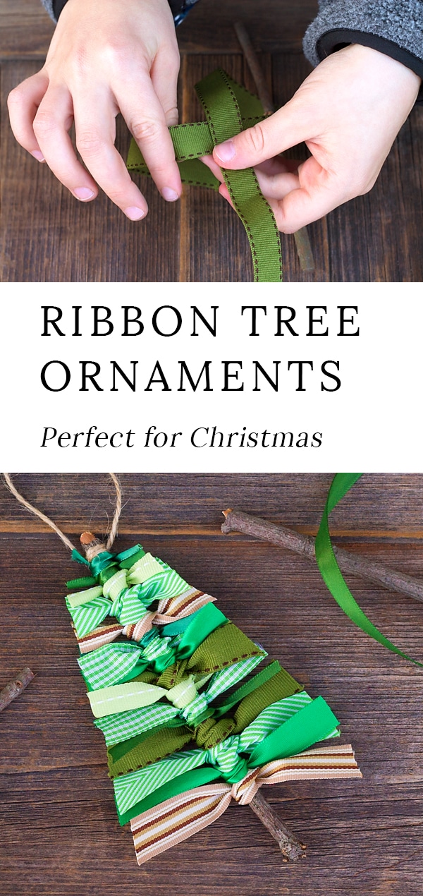 These Scrap Ribbon Tree Ornaments are perfect for Christmas! Kids will enjoy using cinnamon sticks or twigs to create this easy DIY ornament for the holidays. #ornaments #tree #ribbon via @firefliesandmudpies