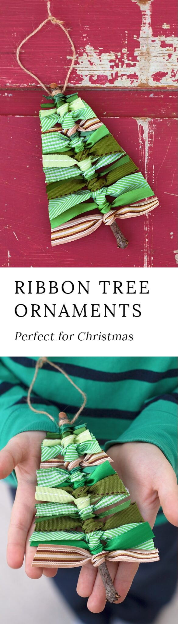 Use sticks and scraps of green ribbon to make this rustic Scrap Ribbon Tree Ornament. It's the perfect homemade Christmas ornament for kids! #christmas #christmasornaments #ribbontreeornament #scrapribbontreeornament
