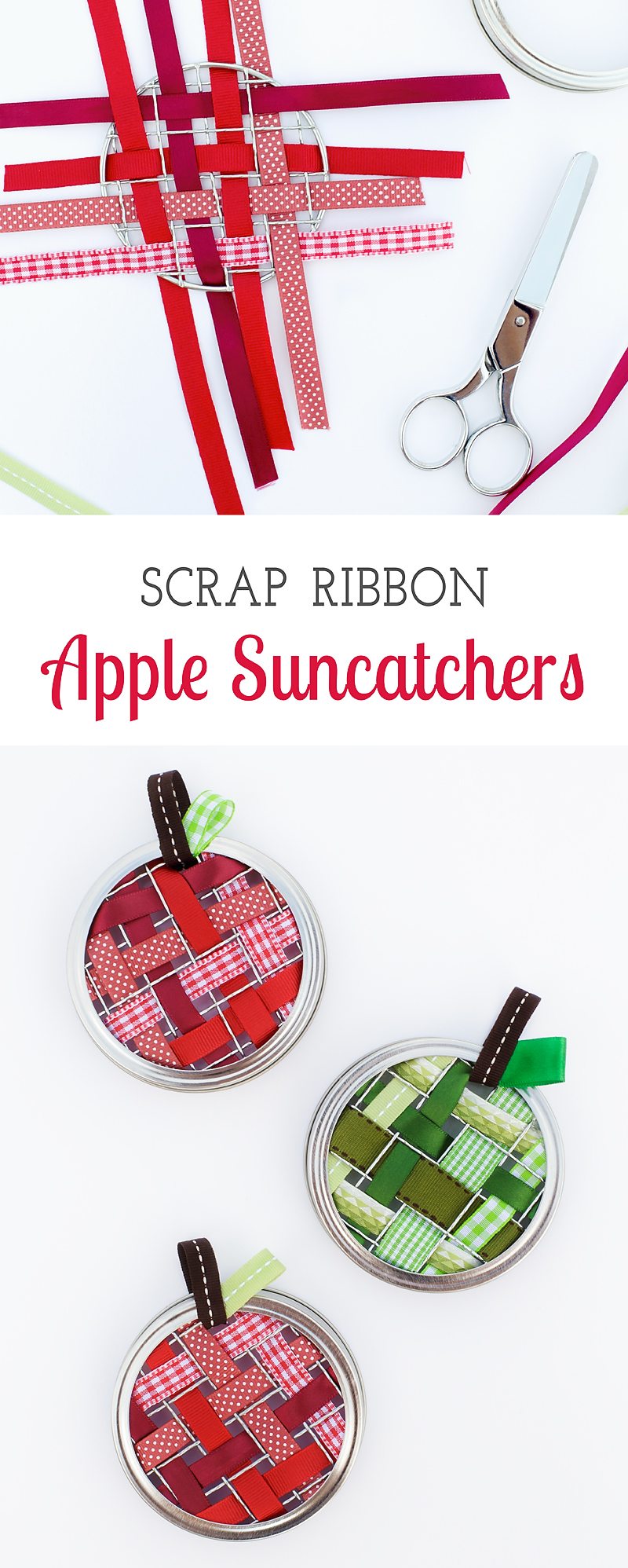 Celebrate apple season with colorful Scrap Ribbon Apple Suncatchers. They are made with mason jar frogs, rings, bits of scrap ribbon, and glue!