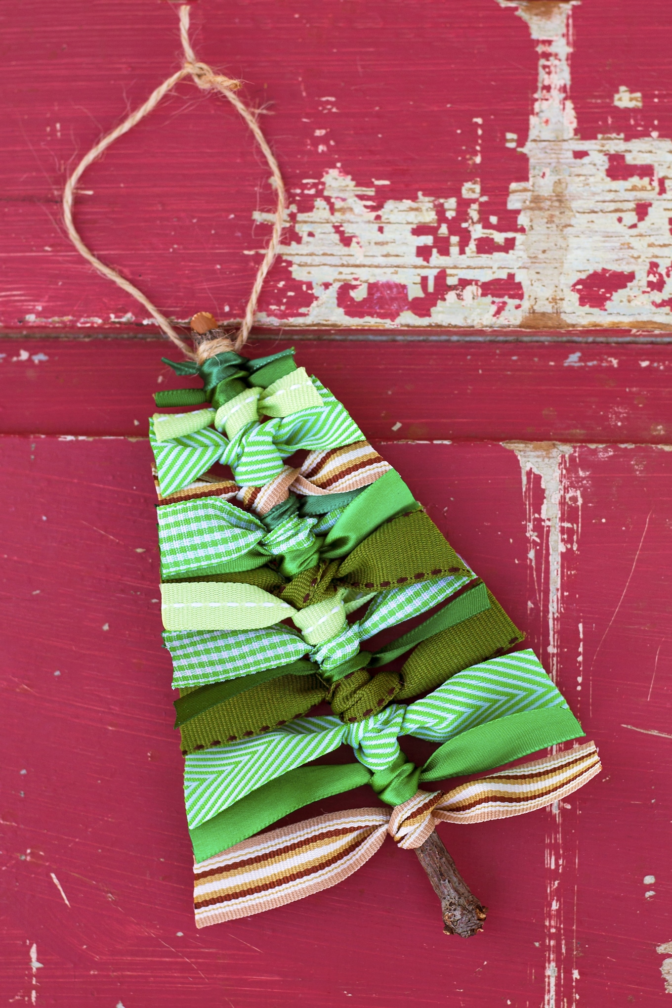 Use Sticks and Scraps of Green Ribbon to Make this Rustic Scrap Ribbon Christmas Tree Ornament 