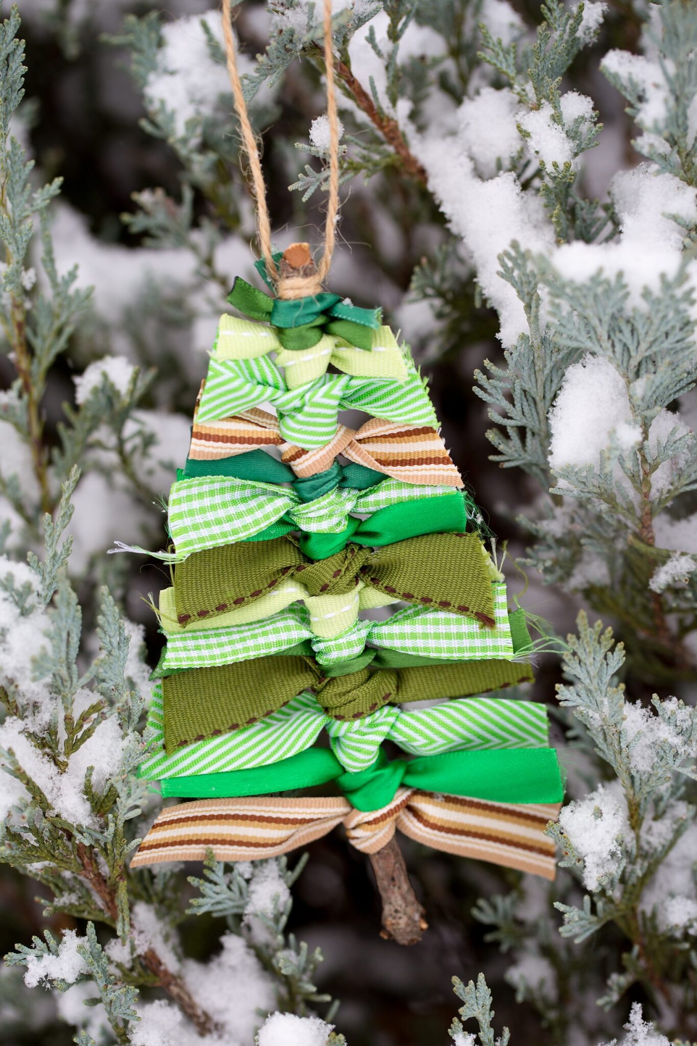 Scrap Ribbon Christmas Tree Ornament Hanging on a Tree