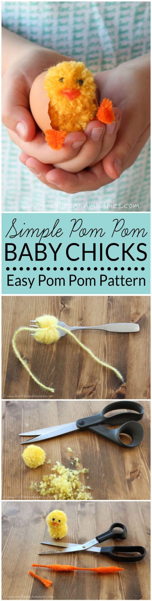 Simple Pom Pom Baby Chicks – Learn how to make pom pom pets for Easter. These adorable baby chicks are the perfect Easter basket addition and can be made with simple craft supplies. 
