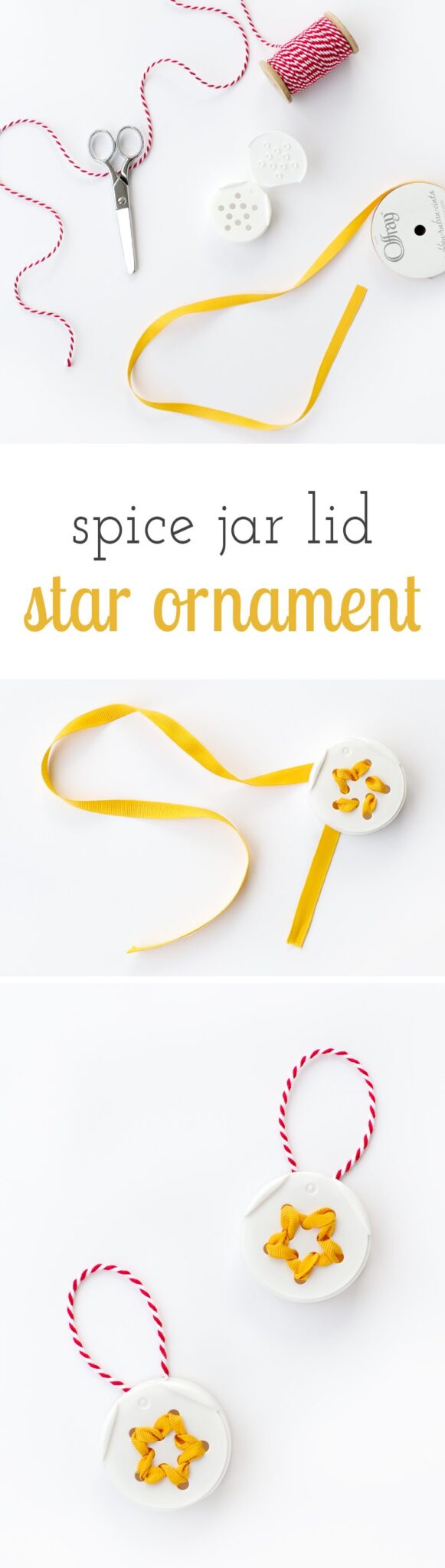 Turn trash into treasure! Kids of all ages will love creating unique Spice Jar Lid Star Ornaments from the lids of spice jars.