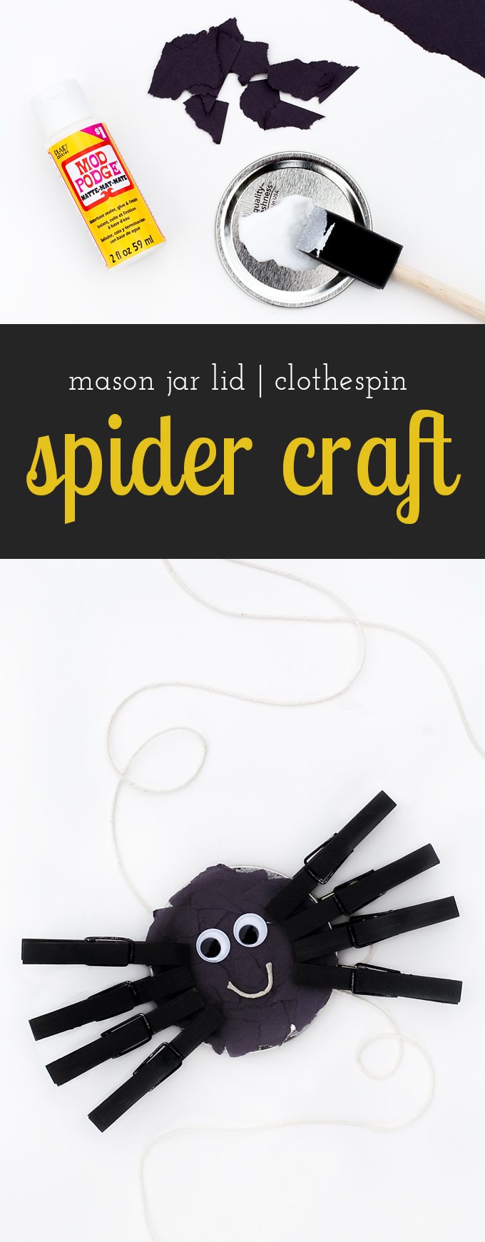 This adorable fine-motor Spider Craft for kids is perfect for home or school. It uses old mason jar lids, clothespins, and torn paper. How easy and fun!