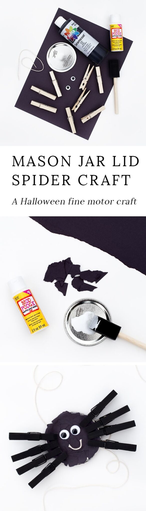 This adorable fine motor spider craft is created with torn paper, mason jar lids, and clothespins. It's the perfect family-friendly Halloween craft for kids!