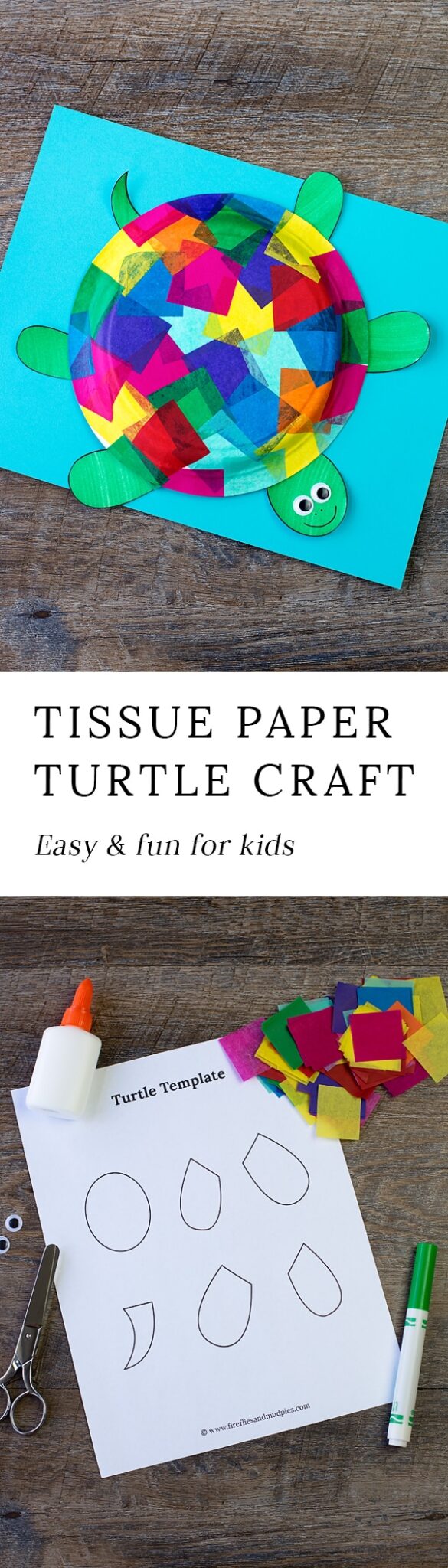 This easy and fun Tissue Paper and Paper Plate Turtle craft includes a free printable template, making it perfect for home, school, daycare, or camp. #turtlecrafts #paperplatecrafts #turtles #tissuepapercrafts #printablecrafts #preschoolcrafts #easycraftsforkids #turtlecraftideas #easyturtlecrafts