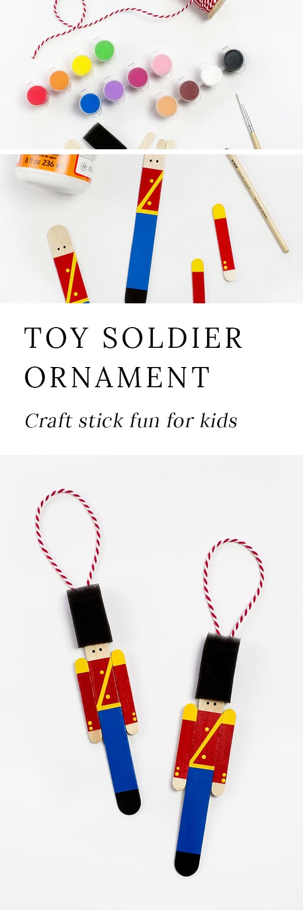 Crafters big and small will delight in making a Wooden Toy Soldier Ornament with craft sticks, paint, and one extra unique craft material.