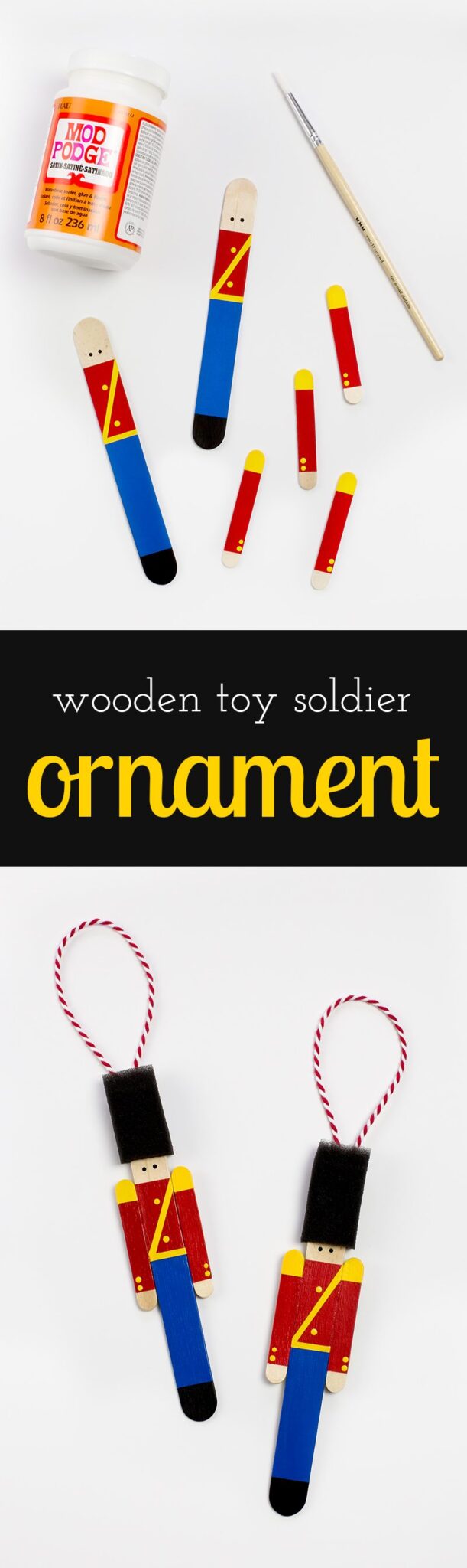 Crafters big and small will delight in making a Wooden Toy Soldier Ornament with craft sticks, paint, and one extra unique craft material.
