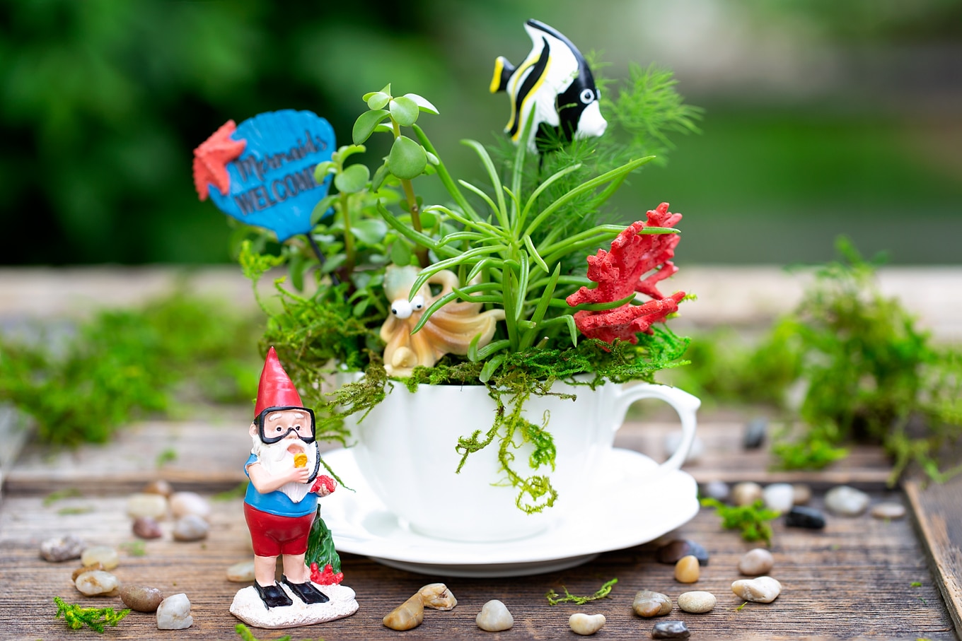 Summer is the perfect season for teacup fairy gardens! Whether kids are learning about the ocean, summer, gardening, or simply enjoying a creative nature activity at home, this easy and fun Under the Sea Teacup Garden is simply perfect for imaginative play. #teacupfairygarden #teacupfairygardenideas #howtomakeateacupfairygarden #summercraftideas #fairygarden #fairygardening #fairygardenkids Under the Sea Teacup Garden