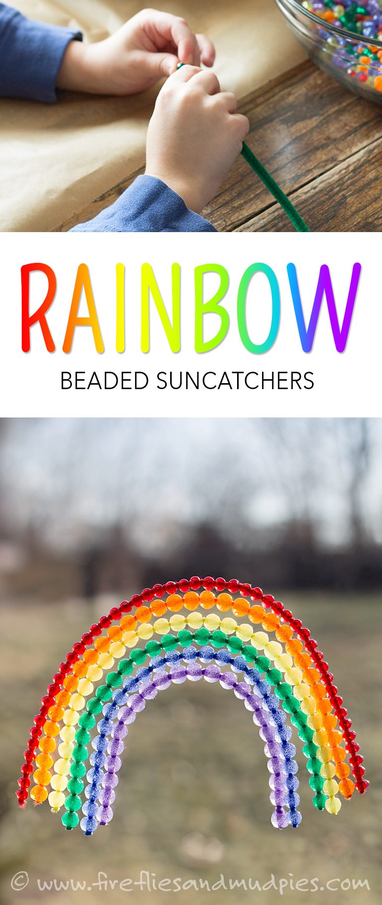 Aren't these rainbow beaded suncatchers gorgeous! I love how they brighten up dreary winter windows! | Fireflies and Mud Pies
