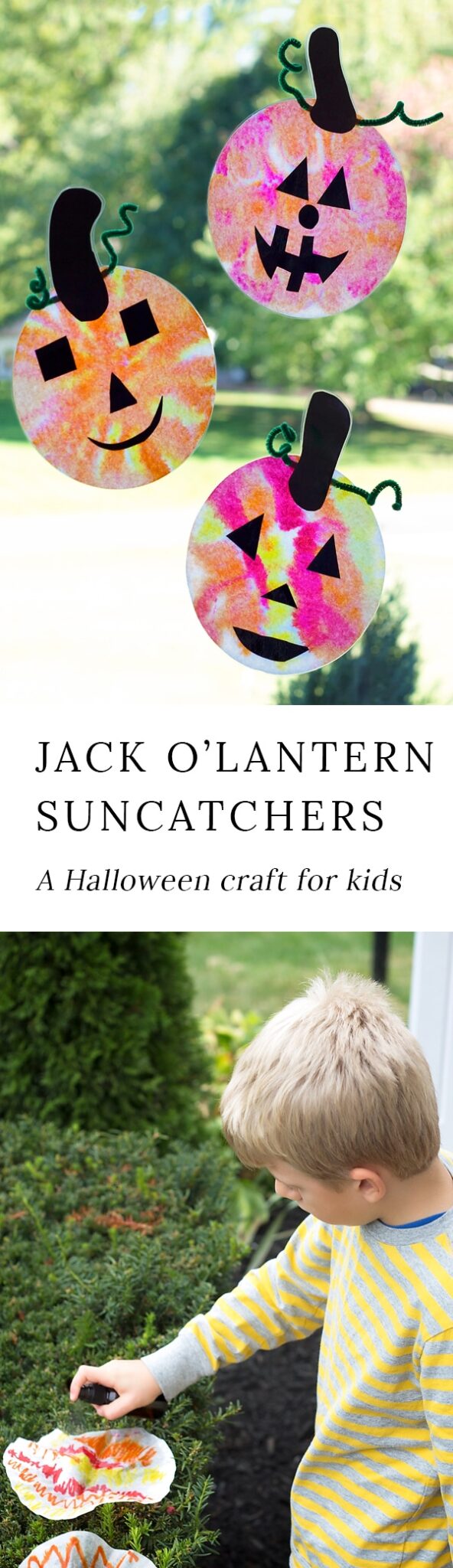Just in time for Halloween, learn how to make adorable and simple jack o'lantern suncatchers with markers, coffee filters, and water.