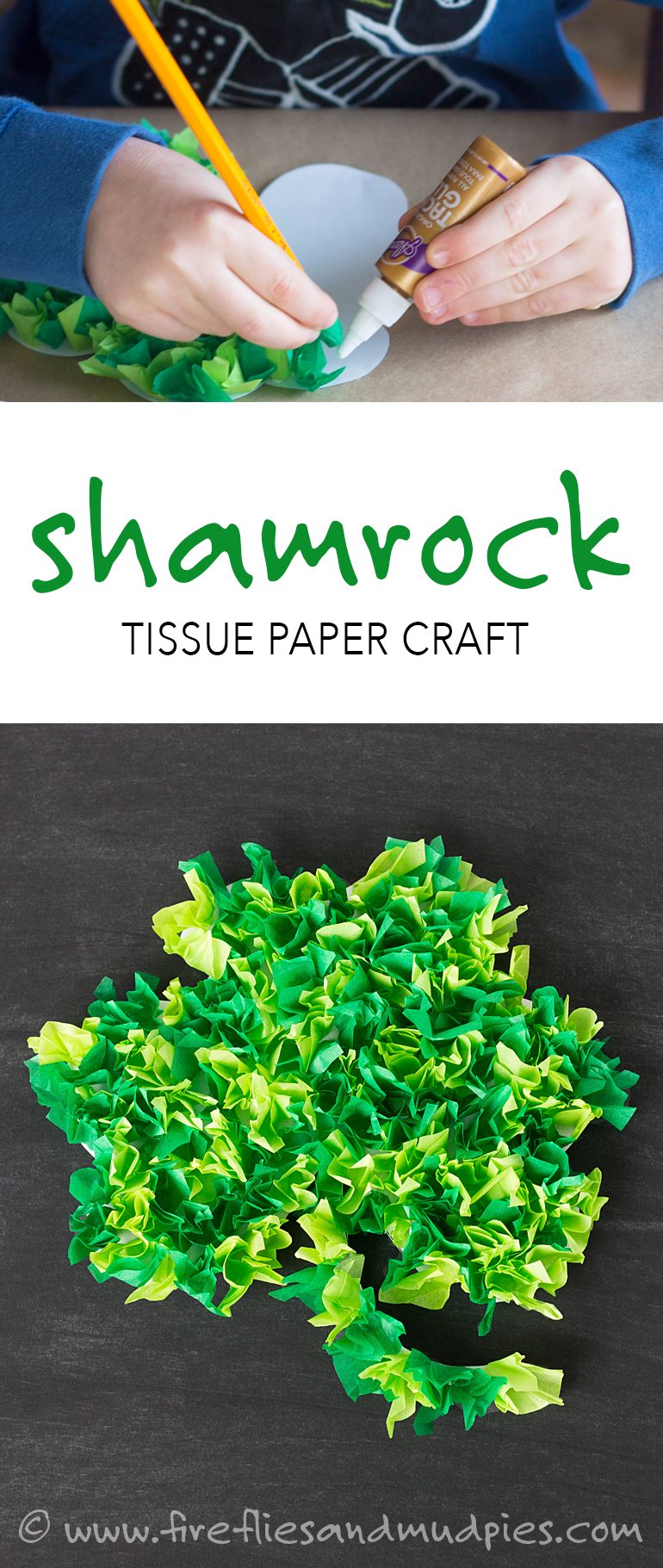 Fun St. Patrick's Day craft for kids—Shamrock Tissue Paper Craft! With a FREE printable! | Fireflies and Mud Pies